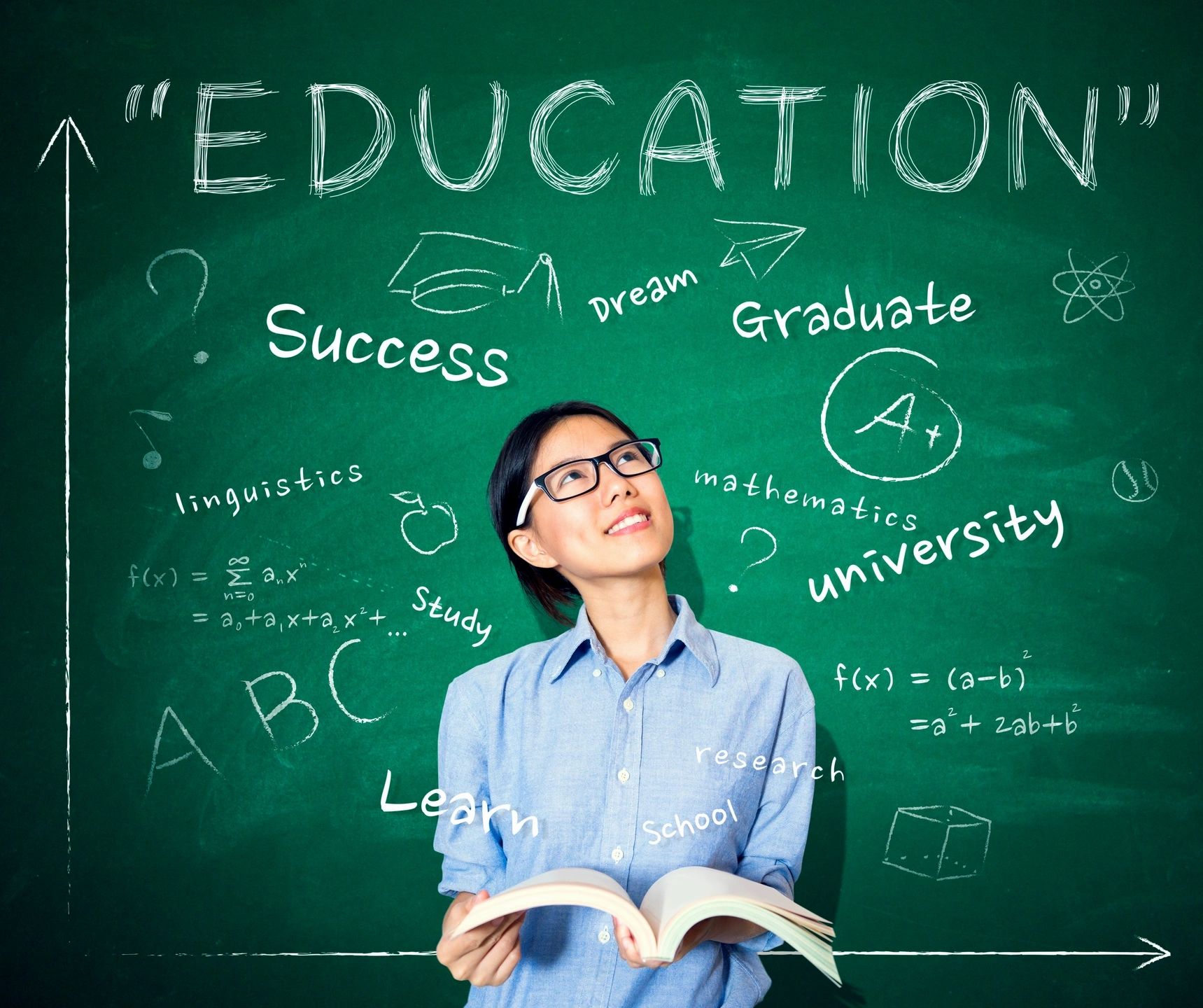 Image Of A Person Standing In Front Of A Blackboard Holding An Open Book. The Blackboard As The Word 'education' In Large Letters At The Top With Smaller Words, Like Success, Graduate, And University, Scattered On The Rest Of The Board.