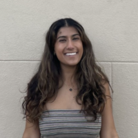 A Young Woman With Center-parted Brown Hair Smiles At The Camera Against A Stone-block Wall. She Is Wearing A Striped Tube Top.