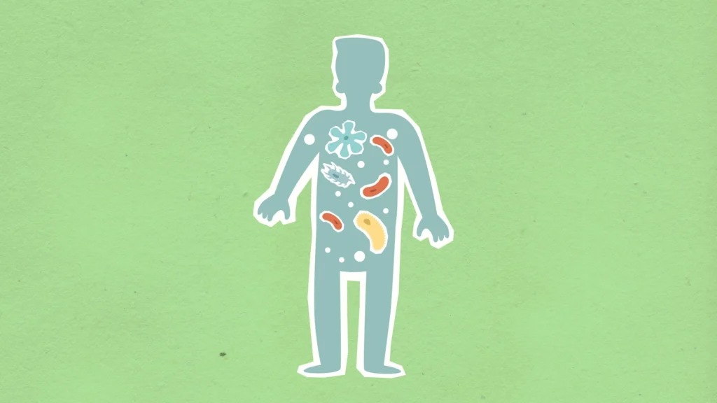 Paper applique of human figure with bacteria.